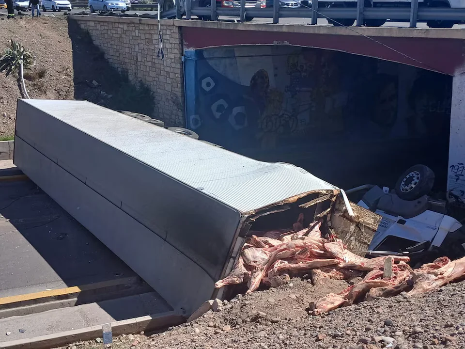 Volcó un camión con carne y la gente intentó saquearlo